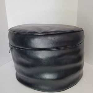 Vtg MCM Retro Black Round Vinyl Ottoman Footstool Hassock 15” Furniture Decore